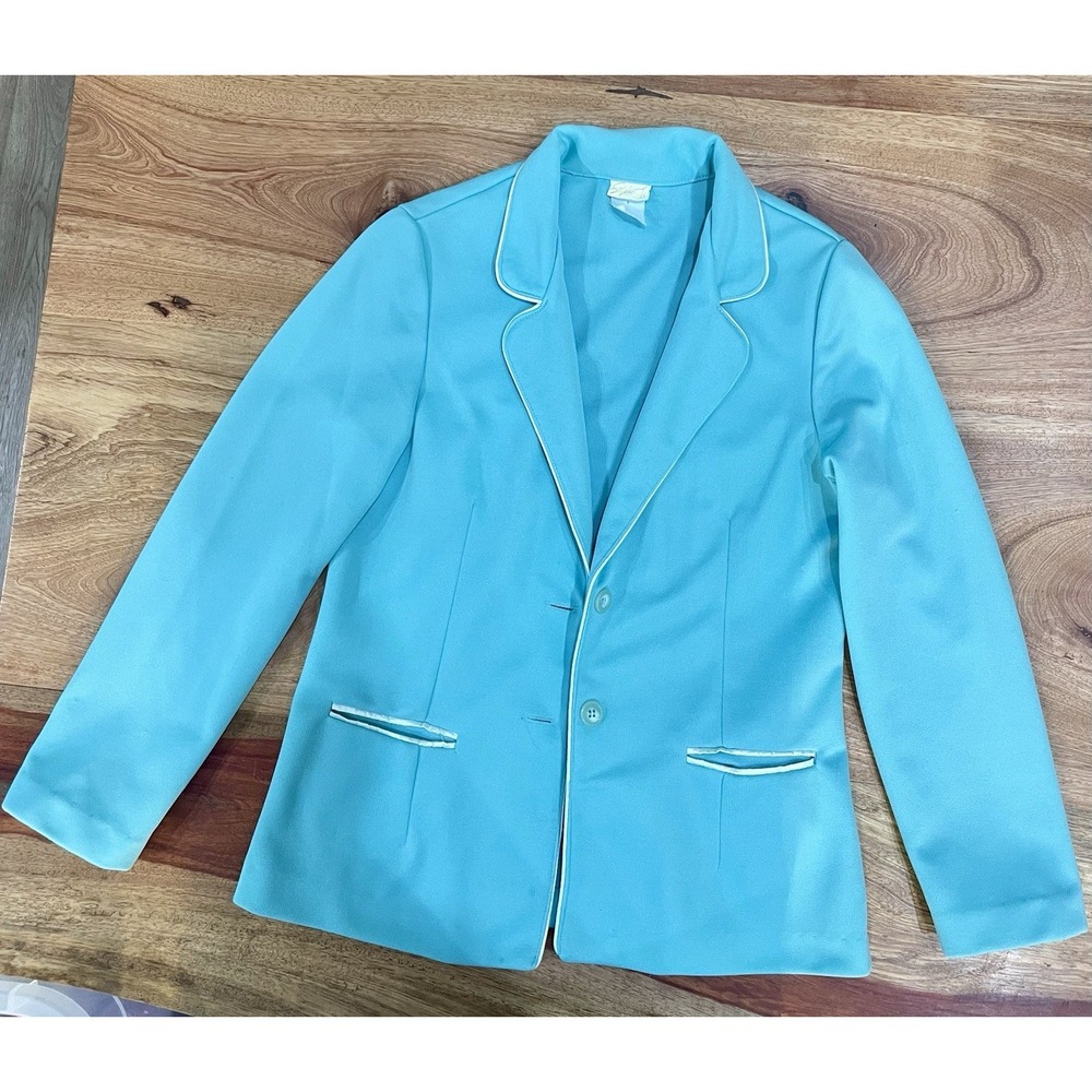 Vintage Stylecraft Womens Blue Blazer 70s Satin Piping Knit Jacket Size M